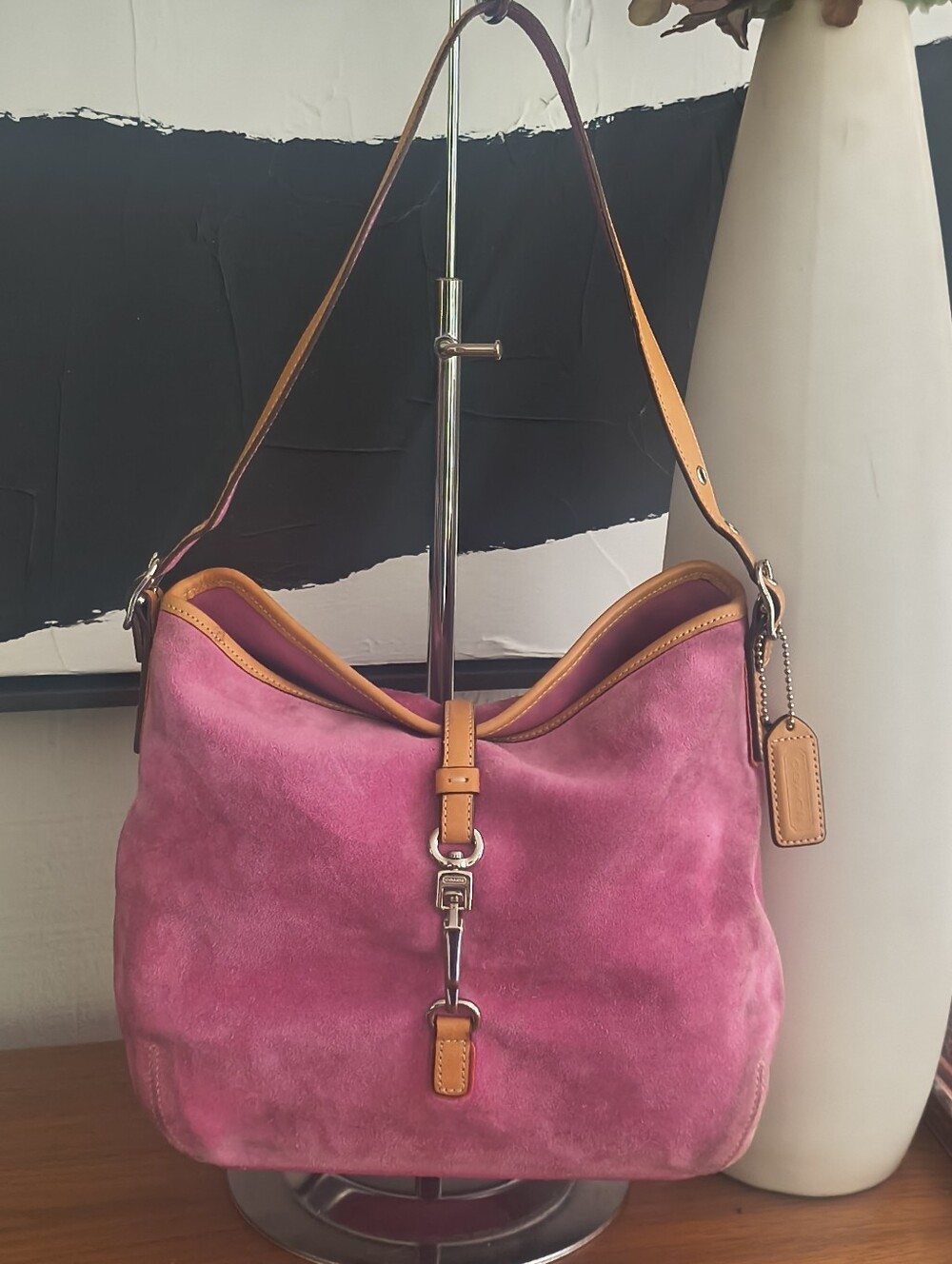 Coach Pink Suede Shoulder Bag with Tan Leather Trim